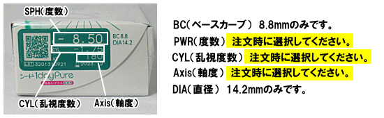 ワンデーピュアうるおいプラス乱視用のデータと注文方法